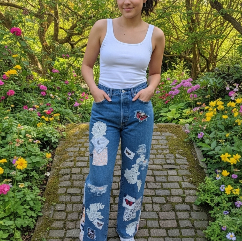 Levi's Ribcage Upcycled Patchwork Custom Bell Jeans By ThreadsReclaimed 29x26